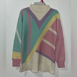 Vintage Meister Wool Ski Sweater Mock Neck Pastel Pink Geometric 1980s Sz M